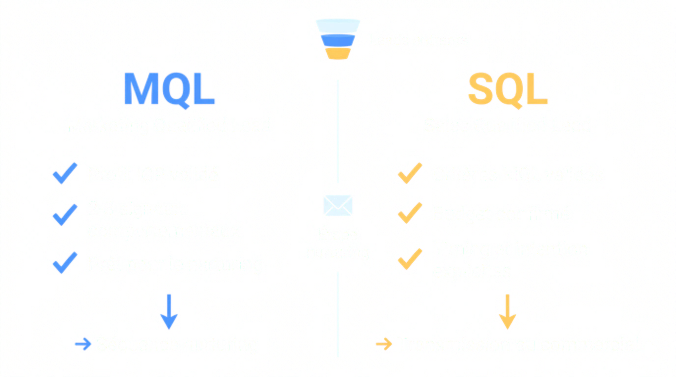 Diagramme comparatif MQL vs SQL : à gauche le Marketing Qualified Lead (ICP validé, signaux comportementaux, prêt pour le nurturing), à droite le Sales Qualified Lead (critères MQL plus budget, timing et intention d'achat confirmés)