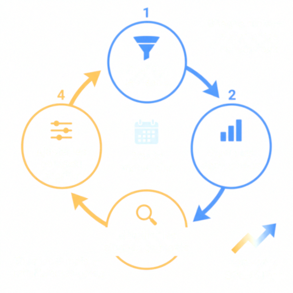 Schéma de la boucle d'apprentissage du lead scoring : chaque mois, analyser les SQL convertis et les signaux associés ; chaque trimestre, ajuster les poids des signaux (exemple : webinaire +30 pts, page tarifs réduit) pour améliorer la prédiction de conversion